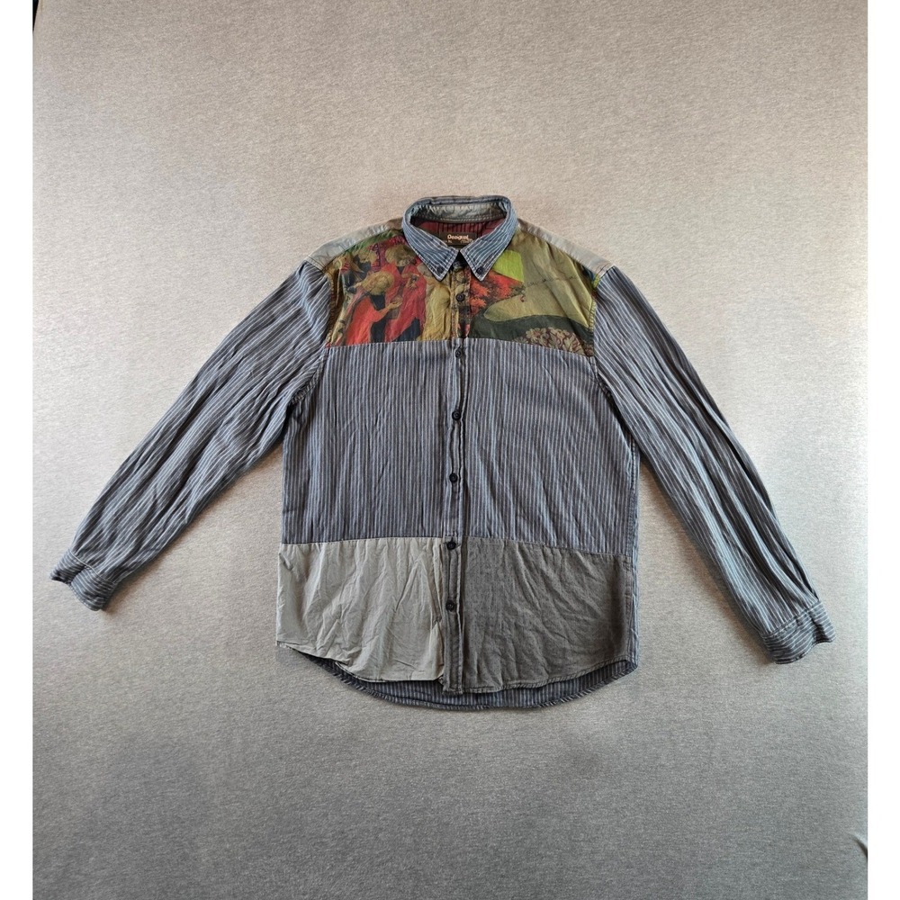 Desigual Button Down Shirt Mens XL Blue Striped Renaissance Patchwork Graphic